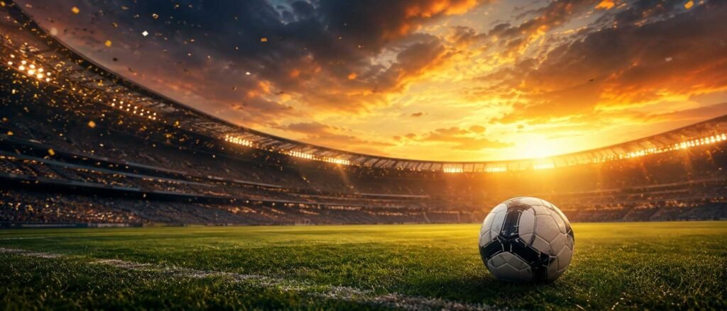 Et bilde av en fotball som ligger på gressmatten, omgitt av et fullsatt stadion, med en solnedgang i bakgrunnen. Hvem vinner VM i fotball 2026?