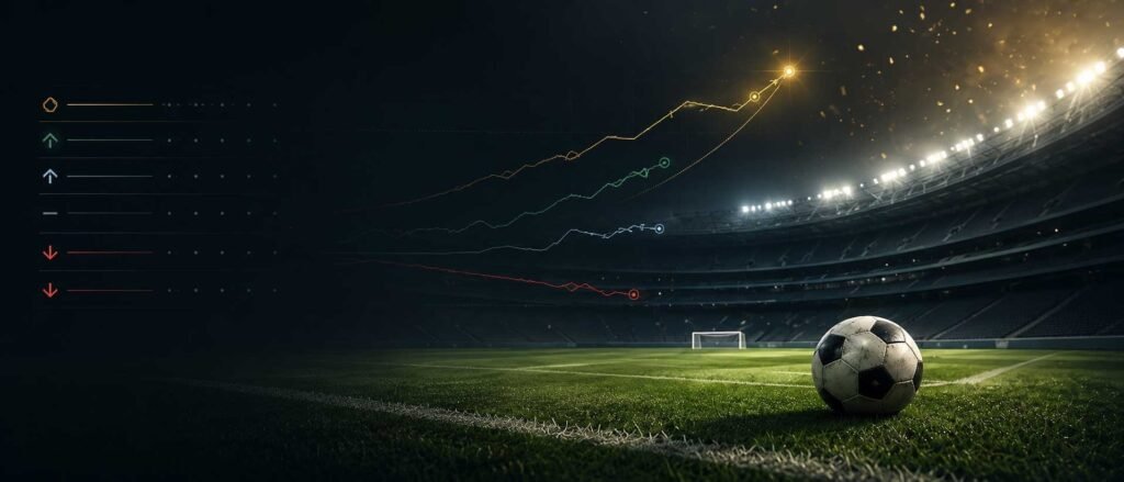 En fotball ligger på banen på et flombelyst stadion, mens en ligatabell og datasymboler er synlige.