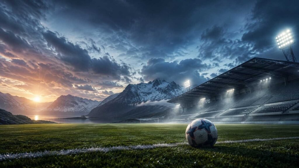 En fotball ligger stille på banen på et flombelyst norsk fotballstadion, med snødekte fjell og en nordlig solnedgang i bakgrunnen.