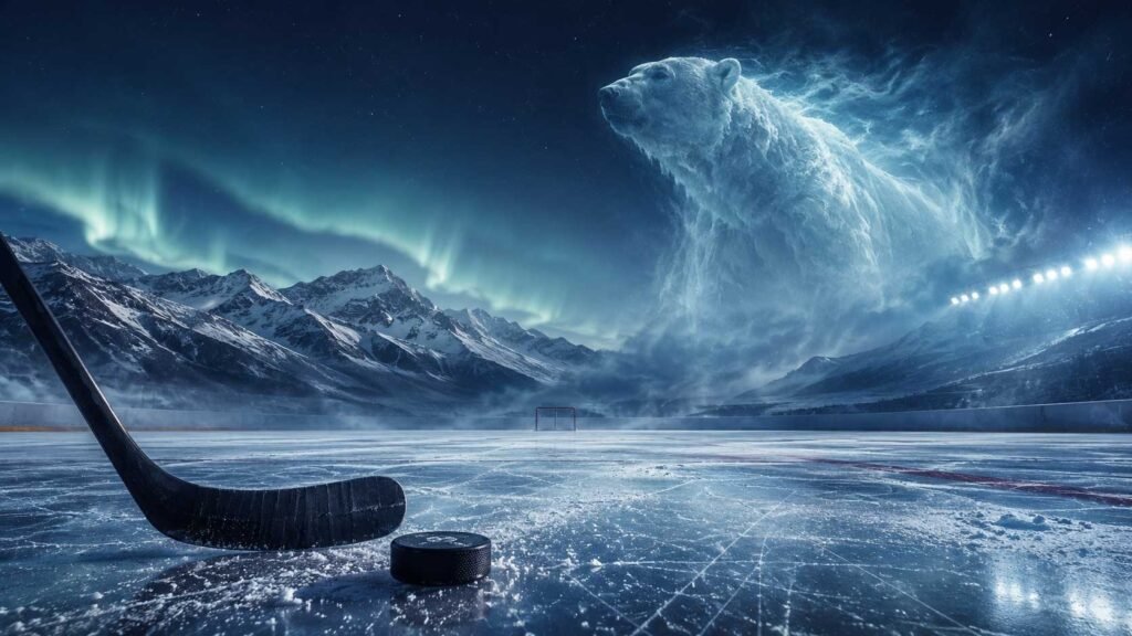 En hockeykølle og en puck er klare for action på en ishallbane i Norge, mens en åpenbaring av en isbjørn er synlig i bakgrunnen.