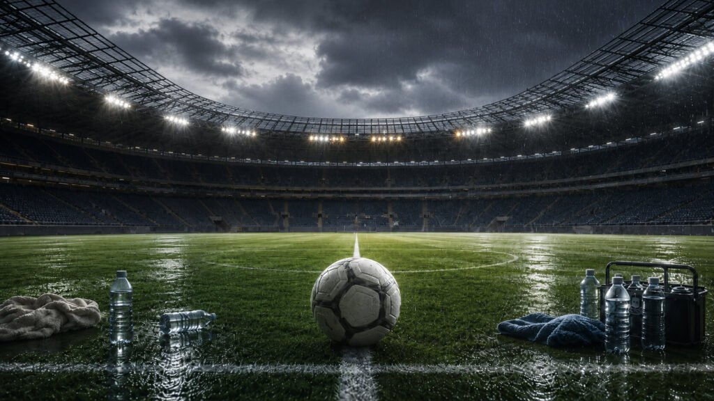 Et regnvått fotballstadion en trist kveld, med regndråper synlige mot flomlyset. En fotball står sentrert i forgrunnen, flankert symmetrisk av vannflasker på hver side, som fremkaller ritualet med VM-ets drikkepause. Bildet illustrerer en undersøkelse av om drikkepausen faktisk er nødvendig og effektiv.