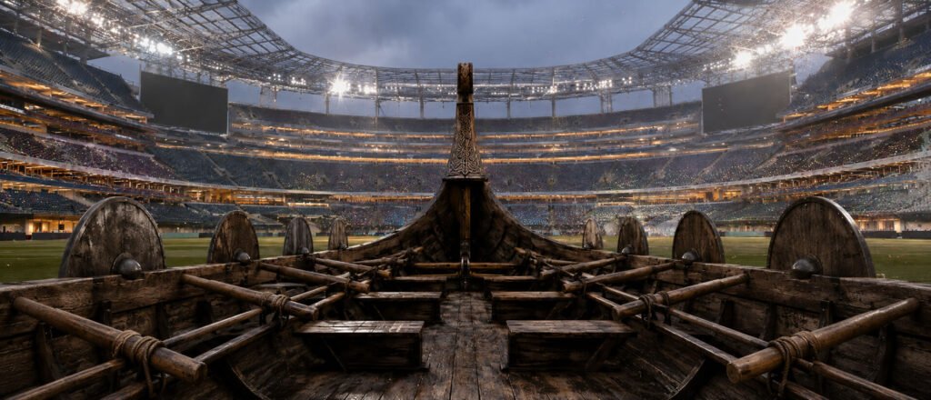 En førstepersons synsvinkel fra bord på et ultrarealistisk vikingskip, seilende gjennom et fullsatt, flomlyst fotballstadion i det tidlige kveldslyset. Rekker av årer og skipets utskårne baug leder blikket mot den brølende folkemengden som fyller tribunene. Bildet gjenspeiler «Ro Norge Ro», ropet som har samlet norske supportere mens laget går videre i VM.