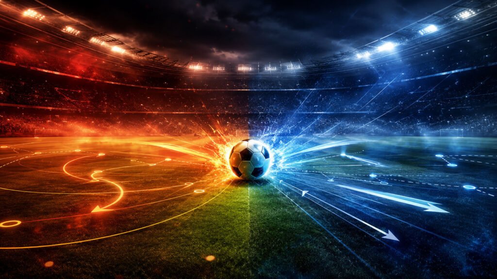 En glødende fotball deler en stadionbane i to, med flammende oransje taktiske piler og spilldiagrammer på venstre side som kolliderer med kjølige blå datatrajektorielinjer og piler på høyre side.