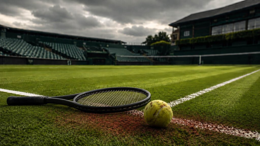 En tennisracket og tennisball ligger på en gressbane, omgitt av tilskuertribunene. Bildet illustrerer en diskusjon om hvordan Casper Ruuds exit fra Wimbledon reiser spørsmål om norske spilleres ferdigheter på gressbaner.