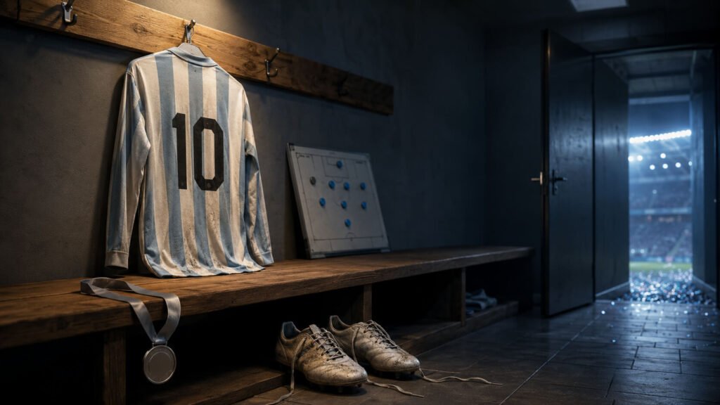 En slitt, blå-og-hvitstripete drakt med nummer 10 henger over en trebenk i et garderobe, med en sølvmedalje, gjørmete fotballsko og en taktikktavle, mens en lys stadioninngang skinner gjennom en åpen dør.