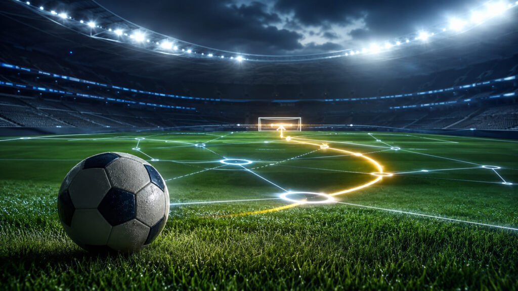En fotball ligger på en flomlyst stadionbane, overlagt med et lysende digitalt nettverk av sammenkoblede noder og en uthevet bane som svinger mot målet, som symboliserer datadrevet kampanalyse.