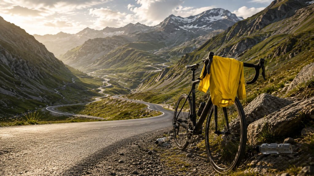 En landeveissykkel med en gul trøye drapert over styret hviler ved siden av en svingete fjellpassvei, med utsikt over snødekte fjelltopper og en dal med hårnålssvinger ved soloppgang.
