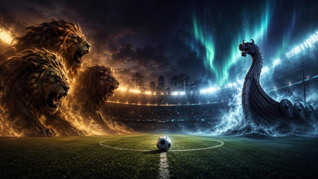Tre gigantiske flammende løver møter en tårnhøy, spøkelsesaktig vikingskip-baug med dragehode over en fotballbane, med en fotball midt på banen og en bysilhuett og nordlysbelyst himmel i bakgrunnen.
